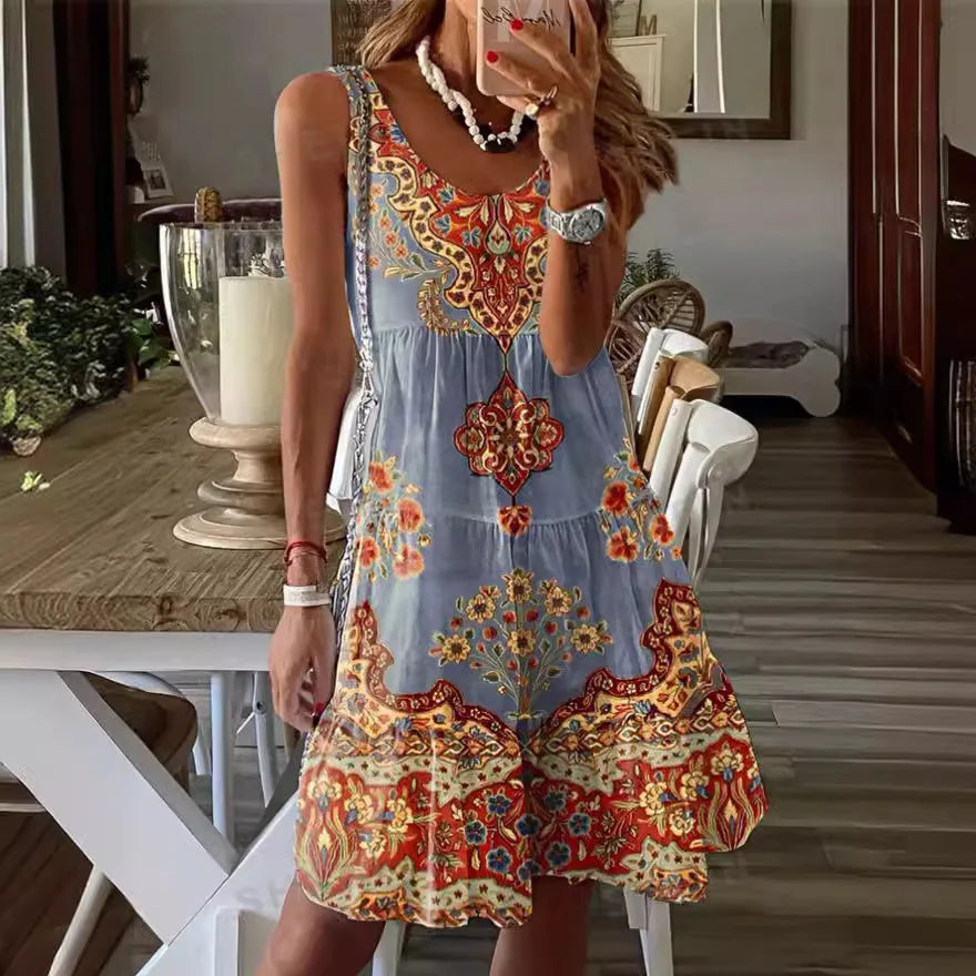 LP | 2024 Nuova estate europea e americana stampata senza maniche con scollo a V abito gilet moda vacanza stampato per le donne