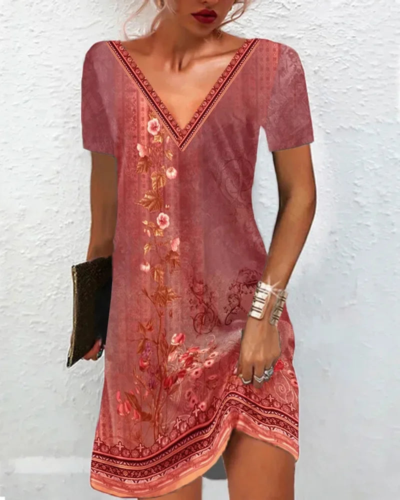 LP | 2024 Abito estivo donna Boho scollo a V manica corta stampa vintage abito floreale donna casual vacanza spiaggia abiti sciolti Vestidos