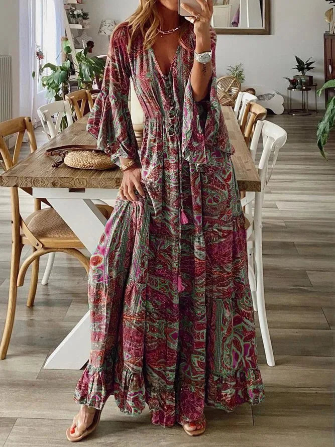 LP | 2023Bordo incrociato stile bohémien maniche svasate stampate scollo a V vita alta abito per le vacanze con abito floreale da donna