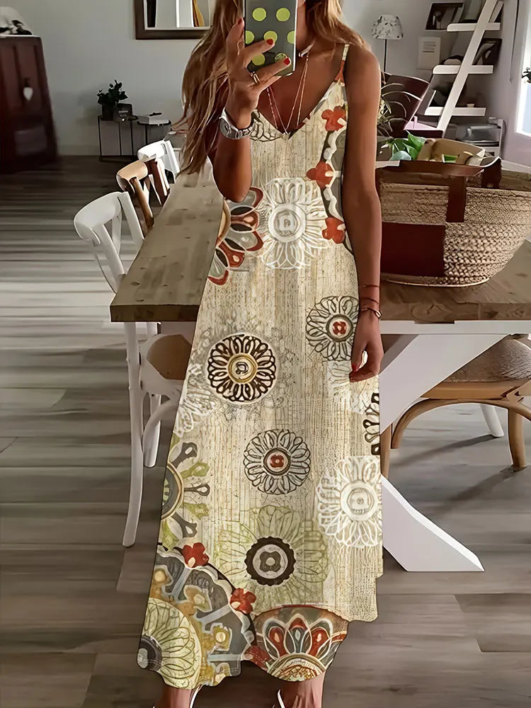 LP | 2024 Nuovo Vintage Stampa Etnica Signore Vestito Elegante Estate Signore Vestito Casual Senza Maniche Strada Moda Signore Vestito Lungo