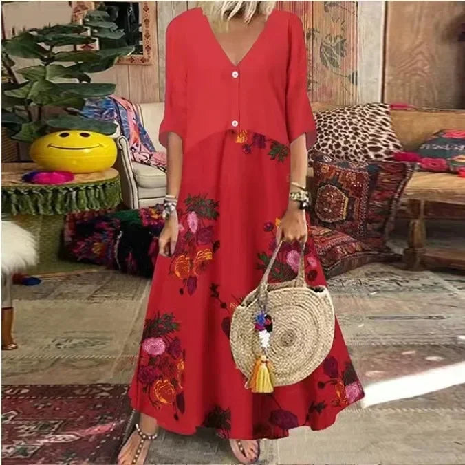 LP | 2025 Primavera Oversize Donna Vestito lungo Stampa Scollo a V Manica corta Pulsante Allentato Abiti A-Line Abbigliamento Donna Casual Elegante