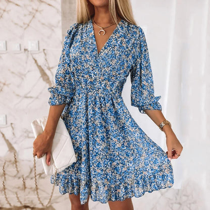 LP | Vestito con stampa floreale Donne con scollo a V e manica corta A Line Vestito elegante Signora Maglione Estate Abiti da festa corti Bohemien
