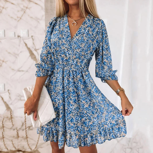 LP | Vestito con stampa floreale Donne con scollo a V e manica corta A Line Vestito elegante Signora Maglione Estate Abiti da festa corti Bohemien