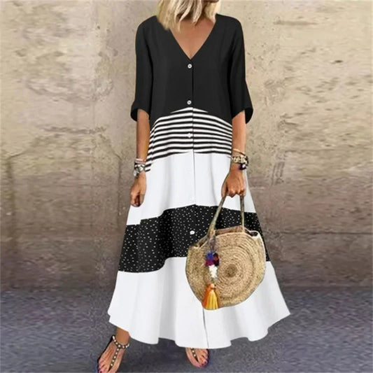 LP | 2025 Primavera Oversize Donna Vestito lungo Stampa Scollo a V Manica corta Pulsante Allentato Abiti A-Line Abbigliamento Donna Casual Elegante