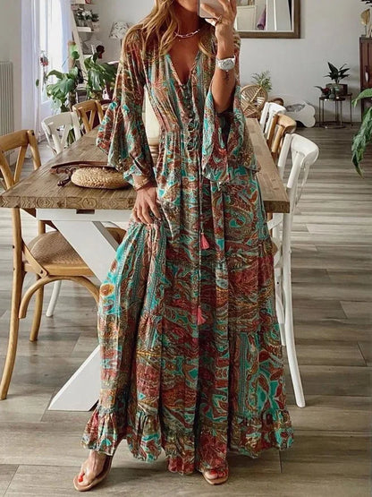 LP | 2023Bordo incrociato stile bohémien maniche svasate stampate scollo a V vita alta abito per le vacanze con abito floreale da donna