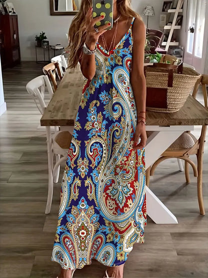 LP | 2024 Nuovo Vintage Stampa Etnica Signore Vestito Elegante Estate Signore Vestito Casual Senza Maniche Strada Moda Signore Vestito Lungo