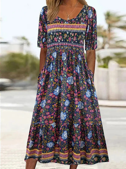 LP | 2025 estate nuove donne bohemia sciolto moda stampa collo rotondo manica corta abito lungo