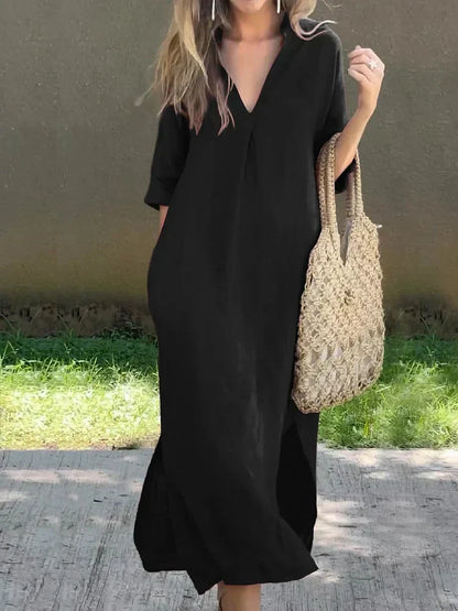 LP | Abito monocromatico in lino con scollo a V e taschino