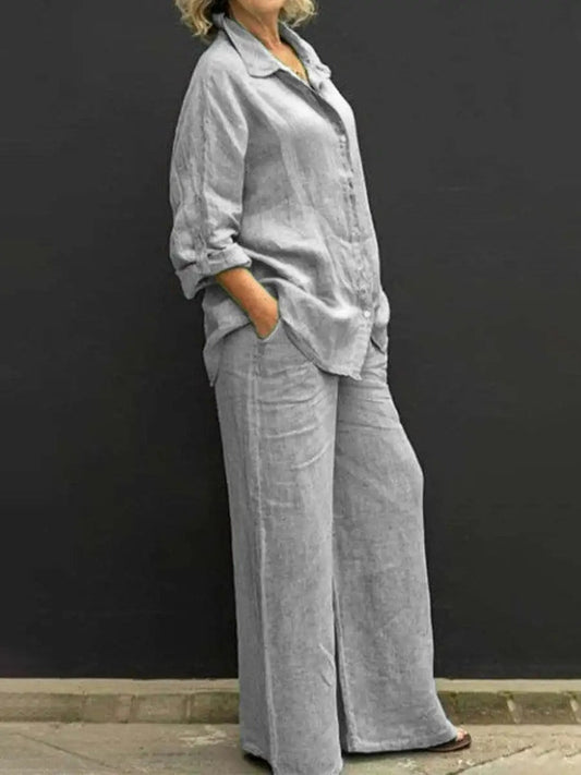 LP | Camicetta vintage a maniche lunghe con bottoni e pantaloni larghi e dritti da donna