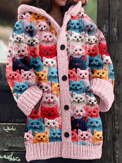 LP | Cappotto in maglia con abbottonatura e stampa di un gatto giocoso