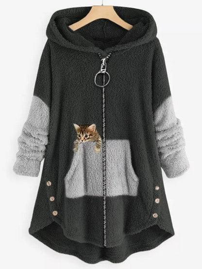 LP | Accogliente giacca con cappuccio in pile con adorabile stampa di gatti