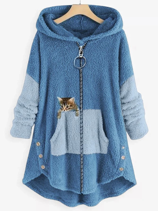 LP | Accogliente giacca con cappuccio in pile con adorabile stampa di gatti