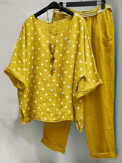 LP | Camicetta casual con scollo rotondo a pois e pantaloni con tasche in confezione da 2