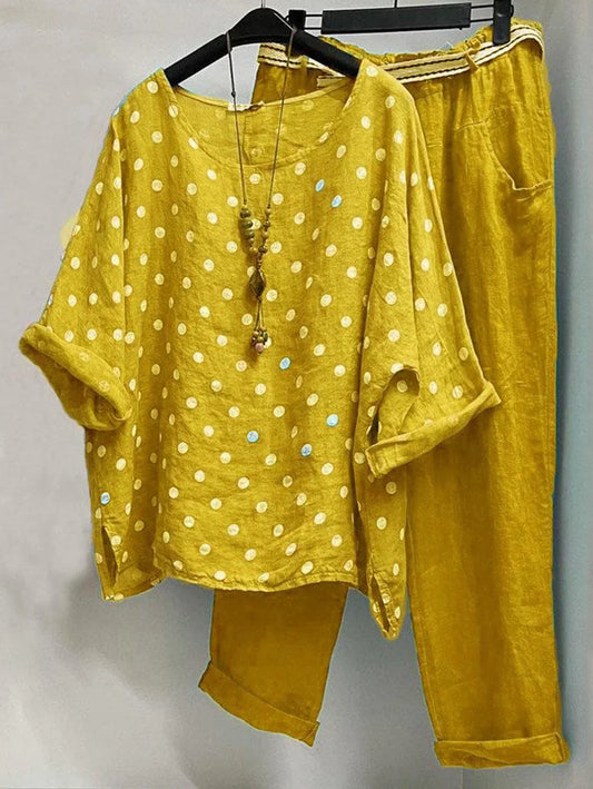 LP | Camicetta casual con scollo rotondo a pois e pantaloni con tasche in confezione da 2