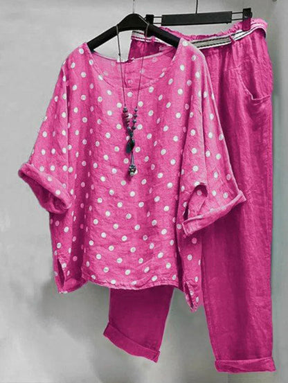 LP | Camicetta casual con scollo rotondo a pois e pantaloni con tasche in confezione da 2