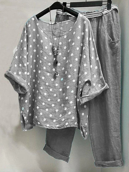 LP | Camicetta casual con scollo rotondo a pois e pantaloni con tasche in confezione da 2