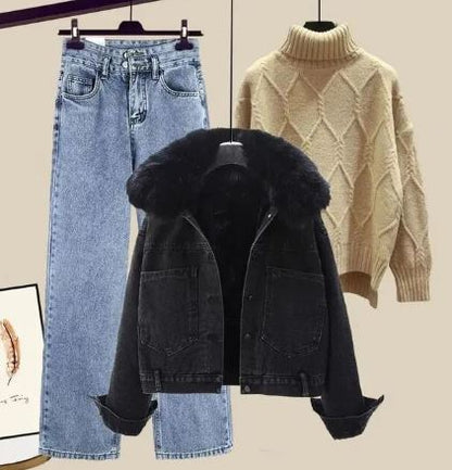 Darlyn - Tredelt sæt bestående af jeans, denimjakke og strikket trøje med høj halsudskæring - Cayana - 3