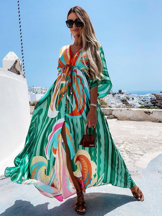 LP | Abito da spiaggia boho con scollo a cuore, maniche a pipistrello, taglio lungo e stampa