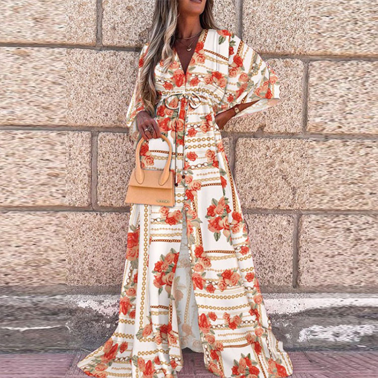 LP | Abito da spiaggia boho con scollo a cuore, maniche a pipistrello, taglio lungo e stampa