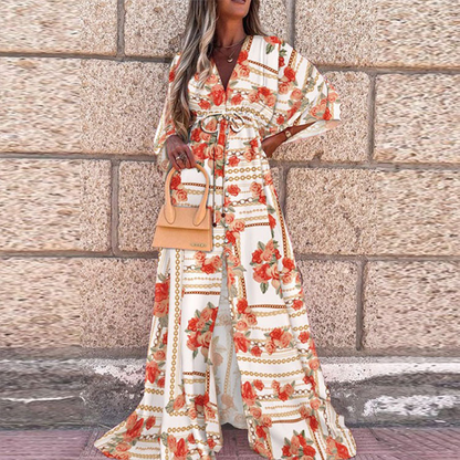 LP | Abito da spiaggia boho con scollo a cuore, maniche a pipistrello, taglio lungo e stampa