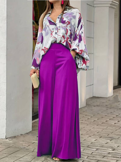 LP | Camicetta elegante stampata e pantaloni larghi da donna in un set a due pezzi