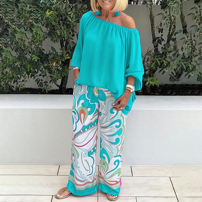 LP | Camicetta e pantaloni off-shoulder da donna con stampa elegante