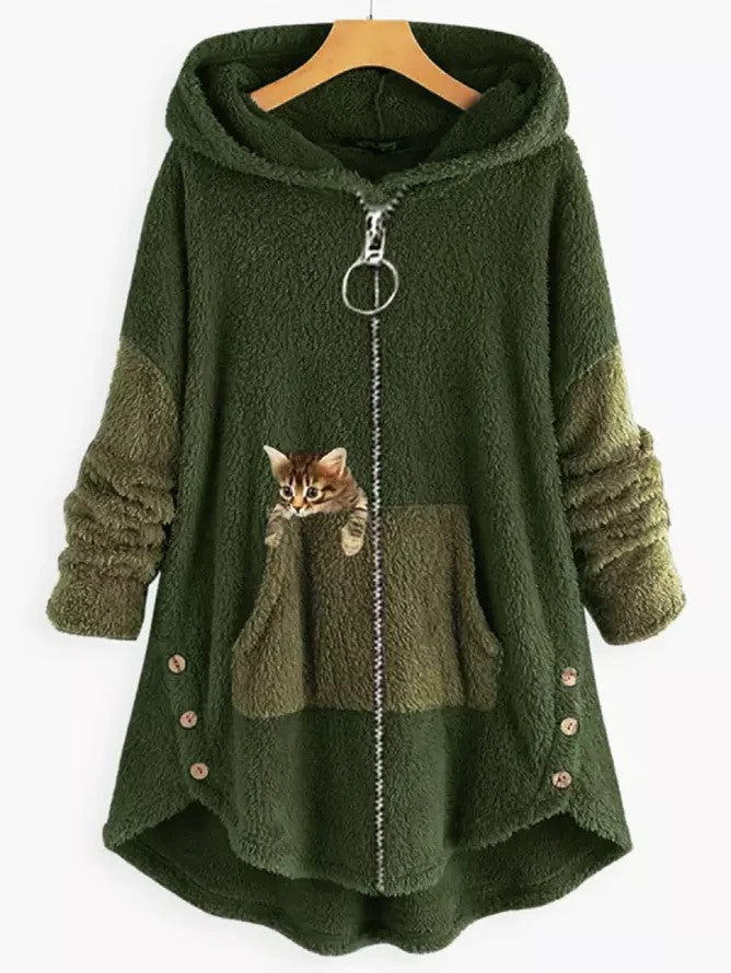 LP | Accogliente giacca con cappuccio in pile con adorabile stampa di gatti
