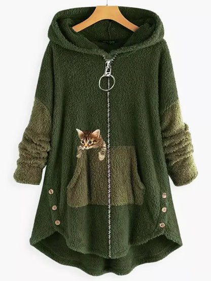 LP | Accogliente giacca con cappuccio in pile con adorabile stampa di gatti