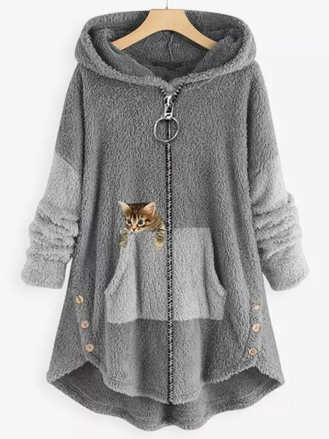 LP | Accogliente giacca con cappuccio in pile con adorabile stampa di gatti