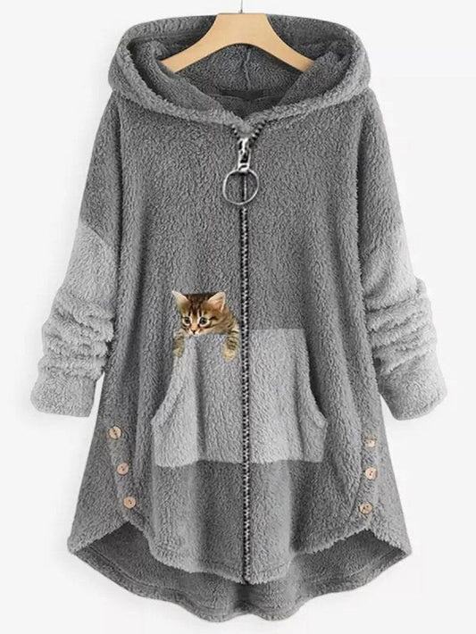LP | Accogliente giacca con cappuccio in pile con adorabile stampa di gatti