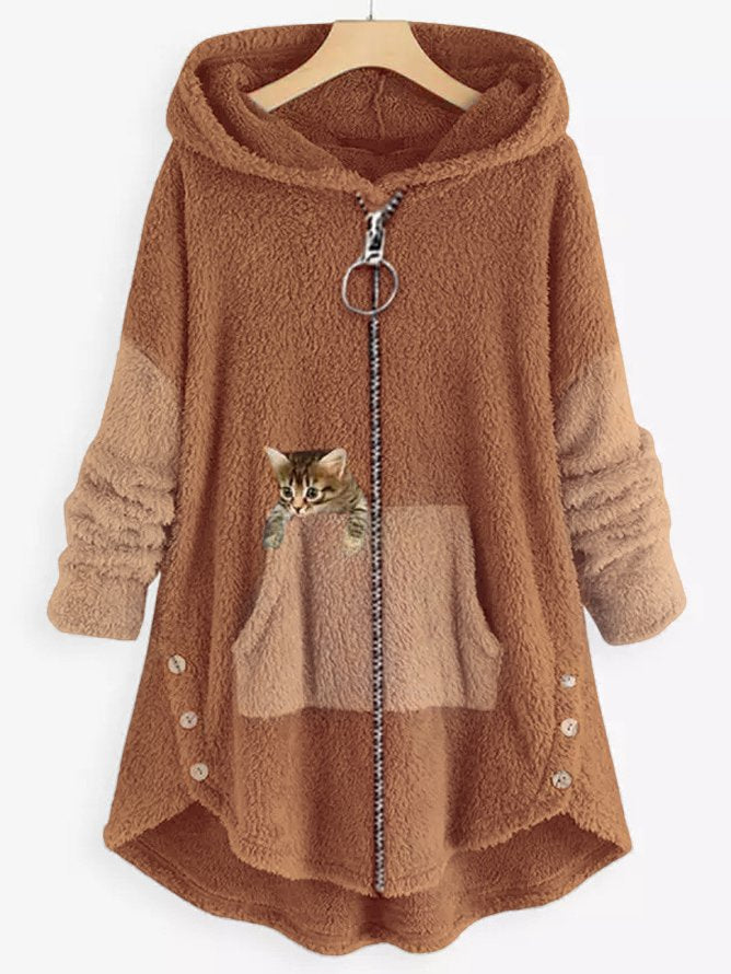 LP | Accogliente giacca con cappuccio in pile con adorabile stampa di gatti