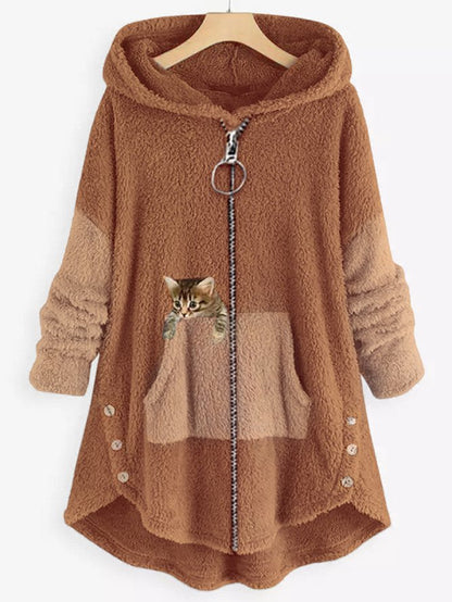 LP | Accogliente giacca con cappuccio in pile con adorabile stampa di gatti