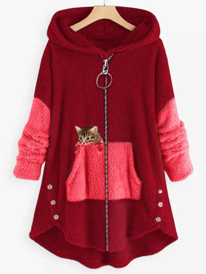 LP | Accogliente giacca con cappuccio in pile con adorabile stampa di gatti