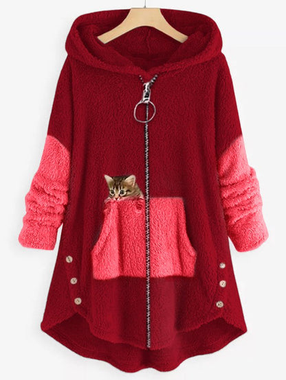 LP | Accogliente giacca con cappuccio in pile con adorabile stampa di gatti